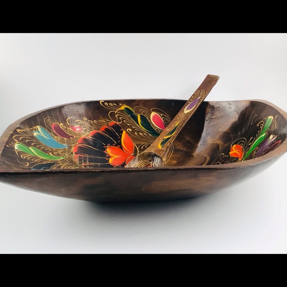 Vintage Lacquer Wood Bowl Handmade Painted Folk Ar - Picture 2 of 12